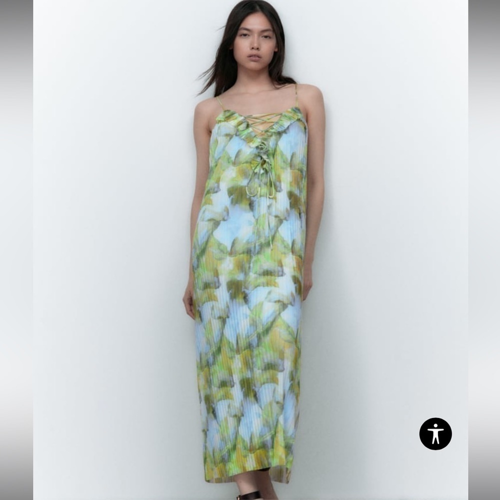 Zara PRINTED spaghetti strap TULLE DRESS